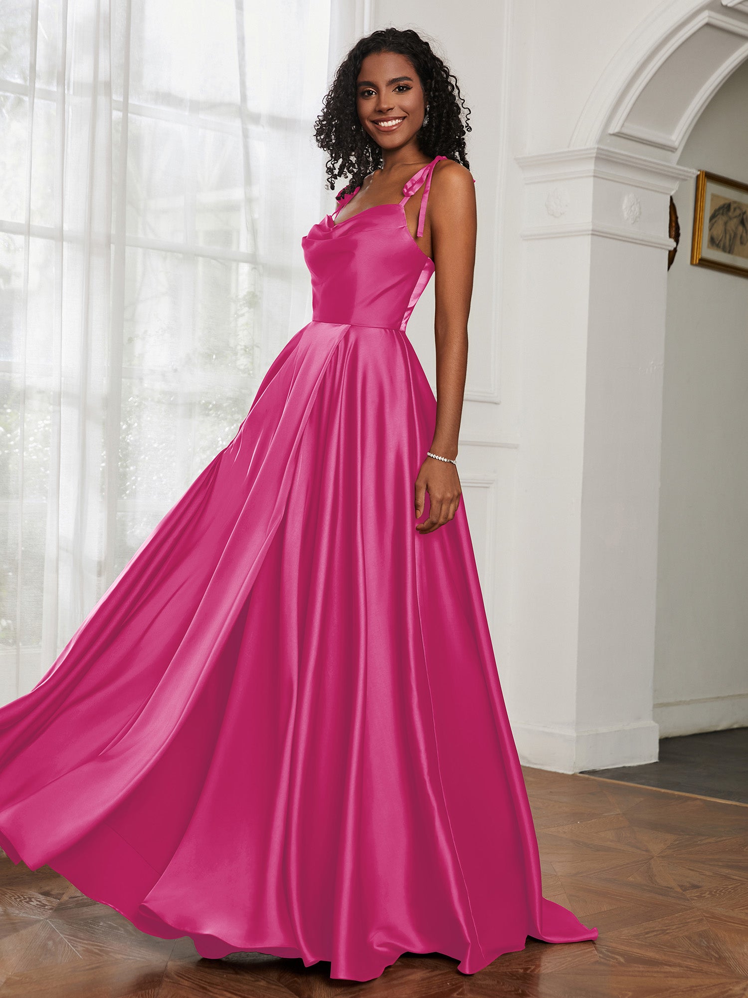 Cowl Neck Ruched Backless Dress With Slit Fuchsia